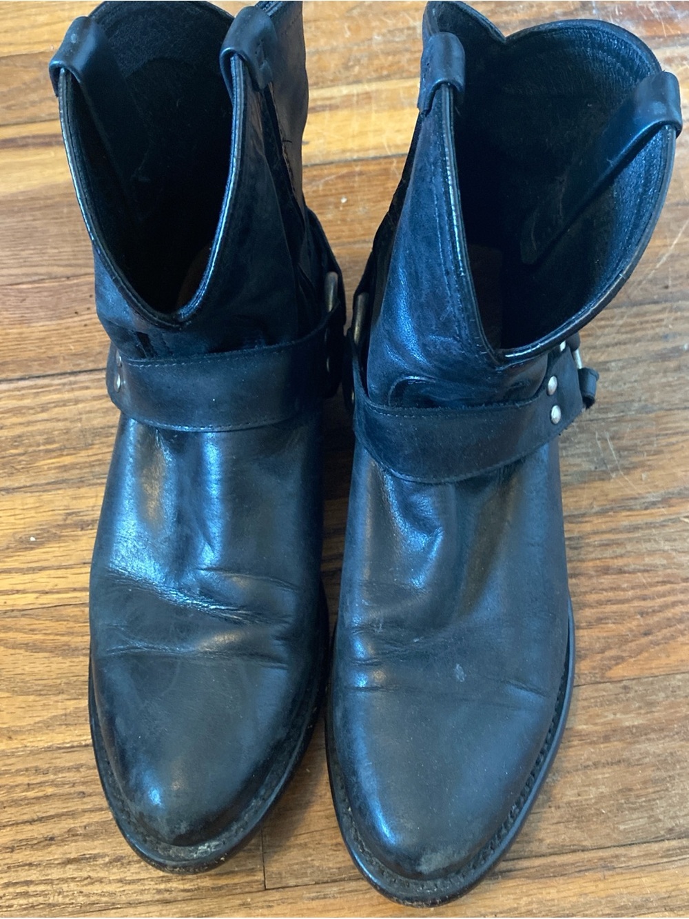 Frye Black Leather Harness Ankle Boots